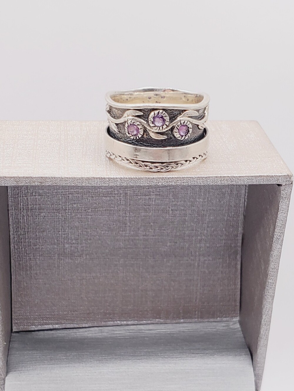 Genuine Amethyst 925 Sterling Silver Fidget Spinner Braided Band Leaf Ring - Picture 11 of 11